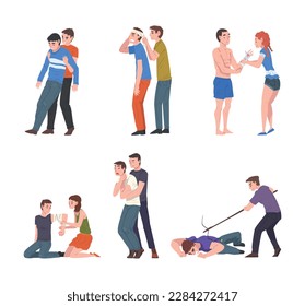 Emergency First Aid Procedure with Man and Woman Helping Victim Vector Set