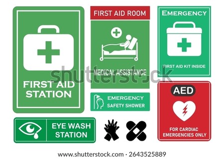 Emergency first aid signs including station, AED, eye wash, safety shower, and medical room labels. Green and red vector signage for workplace safety, healthcare, and compliance use.