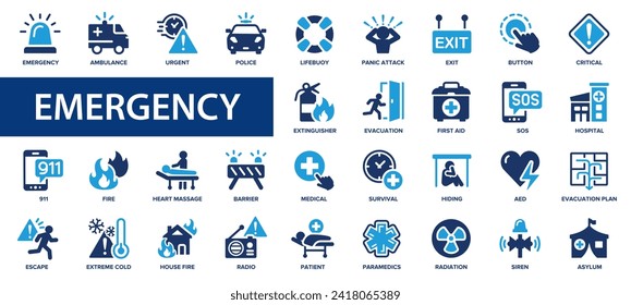 Emergency flat icons set. SOS, ambulance, 911, urgency, police, medical, hospital icons and more signs. Flat icon collection.