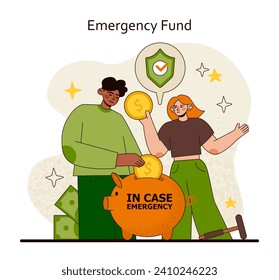 Emergency Fund concept. Secure savings assurance with financial cushion for unexpected events. Preparing for unforeseen expenses. Flat vector illustration.