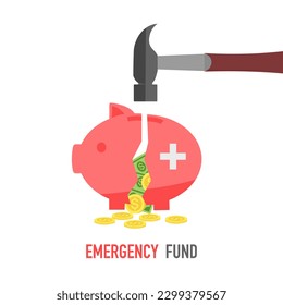 Emergency fund concept vector illustration. Piggy bank and hammer in flat design on white background.