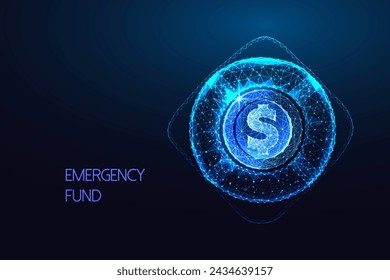 Emergency fund, financial security, fiscal safety futuristic concept in glowing low polygonal style on dark blue background. Modern abstract connection design vector illustration.