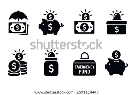 Emergency fund icon set. Vector black symbols of piggy bank, savings, coins, and finance glyph illustrations