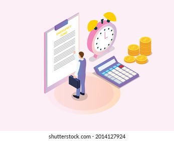 Emergency Fund Isometric Vector Concept. Businessman Looking At Emergency Fund Document Plan With Calculator, Coins, And Alarm Clock