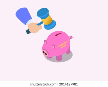 Concepto de vector isométrico del Fondo de Emergencia. Mano rompiendo un banco de cerdos con texto de fondo de emergencia