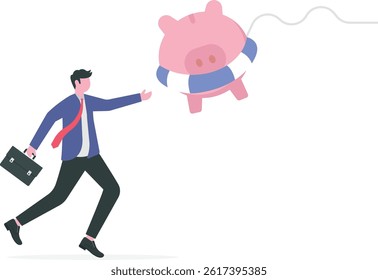 Emergency fund or money to help in crisis situation, savings for unexpected expense or losing job, emergency loan concept, happy businessman catching piggybank with lifebuoy as life support in crisis.