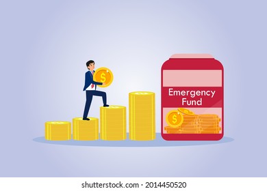 Emergency Fund vector concept. Businessman saving money for emergency fund in a jar