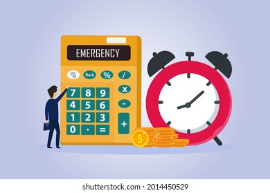 Emergency Fund vector concept. Businessman counting emergency fund with calculator and alarm clock background