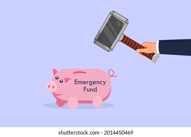 Emergency Fund vector concept. Hand breaking the piggy bank with a hammer to take the emergency fund