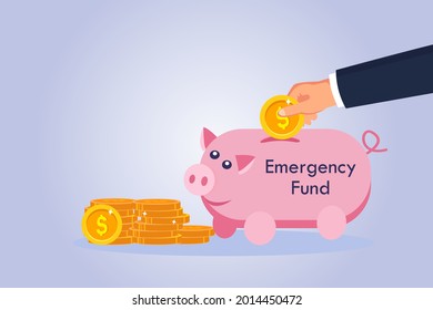Emergency Fund vector concept. Hand saving money for Emergency Fund in a piggy bank
