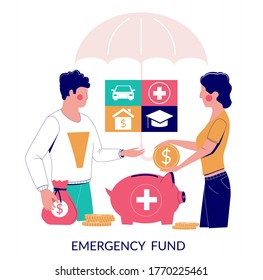 Emergency Fund, Vector Flat Illustration. Couple Saving Money To Cover Unexpected And Unplanned Expenses In Future Such As Medical Emergency, Car And Home Repairs, Education.