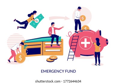 Emergency Fund, Vector Flat Illustration. Tiny People Putting Money Into Huge Piggy Bank. Emergency Reserve Of Cash To Cover Unforeseen Medical Expences, Home Repair, Car Fix, Job Loss Etc.