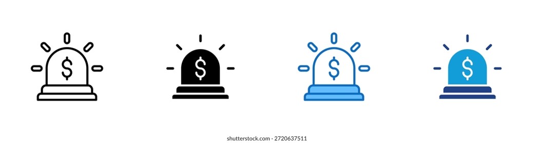 Múltiplo estilo de design de ícone vetor - luz de alarme com um sinal de dólar no centro e linhas de radiação, representando reservas de segurança financeira e preparação de economias urgentes