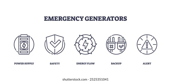 Emergency generators icons depict power supply, safety, and backup concepts. Outline icons set.