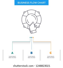 emergency, guard, help, insurance, lifebuoy Business Flow Chart Design with 3 Steps. Line Icon For Presentation Background Template Place for text