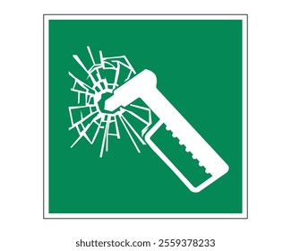 Emergency Hammer Sign Featuring a Green Background with White Hammer Icon Breaking Glass, Indicating the Location of an Emergency Hammer, Available as a Vector File, ISO 7010 E025