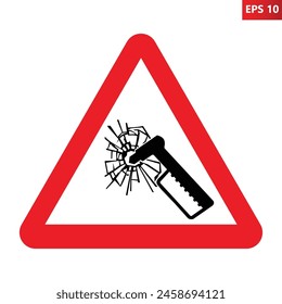 Emergency hammer warning sign. Vector illustration of red triangle sign with safety hammer and glass cracked icon inside. Caution. Safety symbol isolated on white background.