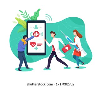 Emergency health call concept. Doctor respond to patient emergency call, Male and female doctors go to sick people. Sick man calls a doctor with a smartphone. Vector illustration in a flat style