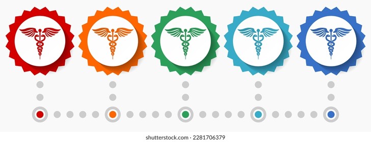 Emergency, health vector icon set, colorful infographic template, set of flat design badge icons in 5 color options