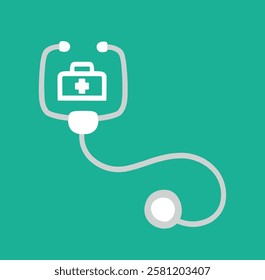 Emergency healthcare concept symbol. White first aid kit simple stethoscope icon isolated on turquoise background. Health and medicine symbol, vector illustration. First aid kit icon, symbol.