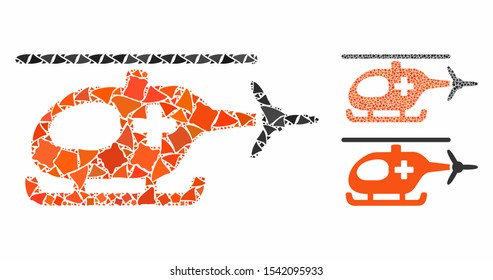 Emergency helicopter composition of abrupt pieces in variable sizes and color tones, based on emergency helicopter icon. Vector unequal pieces are united into composition.