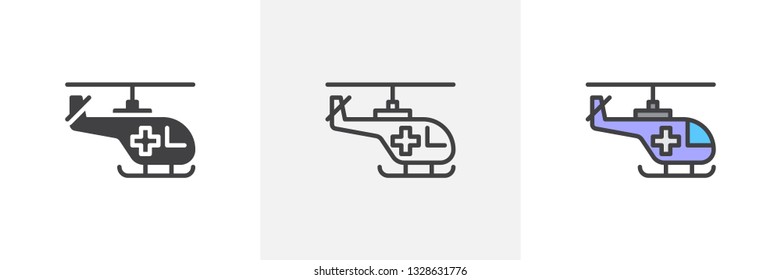 Emergency helicopter icon. Line, glyph and filled outline colorful version, Helicopter with cross outline and filled vector sign. Air ambulance symbol, logo illustration. Different style icons set. 