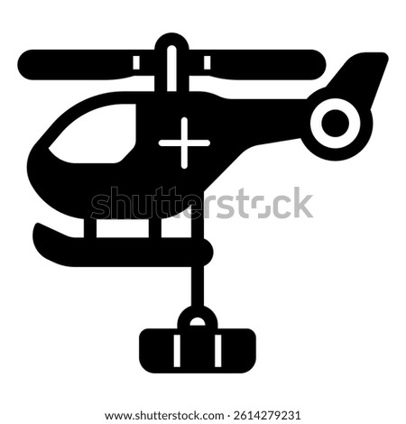 Emergency helicopter with medical cross solid icon, human rescue concept. Vector graphics. Helicopter with rope and stretcher sign on background, glyph style for mobile or web