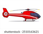 Emergency helicopter. Rescue helicopter in cartoon design. Ambulance helicopter, side view. Red medical evacuation copter. Fast transportation of patients by chopper. Vector illustration EPS 10