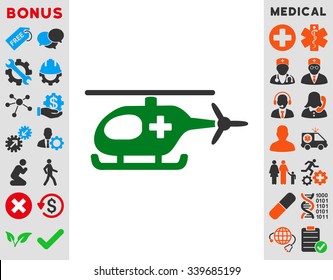Emergency Helicopter vector icon with bonus. Style is bicolor flat symbol, green and gray colors, rounded angles, white background.