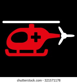 Emergency Helicopter vector icon. Style is bicolor flat symbol, red and white colors, rounded angles, black background.