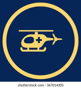 Emergency Helicopter vector icon. Style is flat circled symbol, yellow color, rounded angles, blue background.