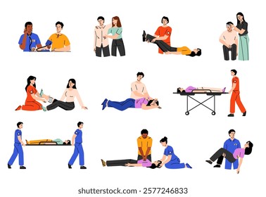 Emergency help. First medical aid CPR training, doctors nurses paramedics aiding with heart massage, rescue reanimation procedures. Cartoon vector aid illustration.