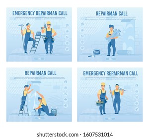 Emergency Help in Home Renovation and Professional Repairman Team Call. Flat Banner Set Advertising Online Service for Order Turnkey Repair, Design Interior Refreshment. Vector Cartoon Illustration