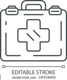 Emergency help linear icon. Airplane first aid kit. Medicine bag with medications. Plane safeness. Safety measures. Thin illustration. Contour symbol. Vector isolated outline drawing. Editable stroke
