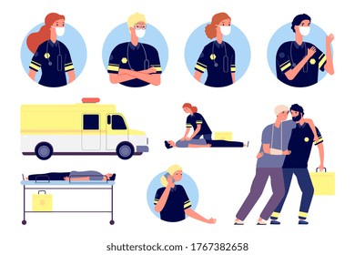 Emergency help. Paramedics characters, first aid and saving people. Medical team working, ambulance and doctors avatars. Hospital staff in protective masks vector illustration