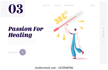 Emergency Help, Surgery Landing Page Template. Doctor Character Carry Huge Thermometer with High Temperature. Flu, Appendicitis Disease, Intestine Inflammation Symptoms. Cartoon Vector Illustration