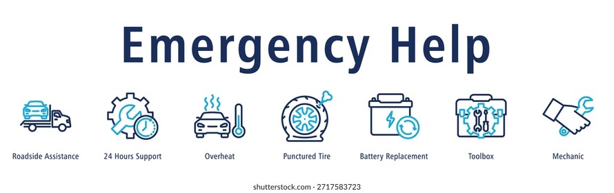 Ilustración vectorial de iconos de Anuncio de Web de ayuda de emergencia con iconos de asistencia en carretera, Asistencia las 24 horas, sobrecalentamiento, neumático perforado, reemplazo de batería, caja de herramientas y mecánico.