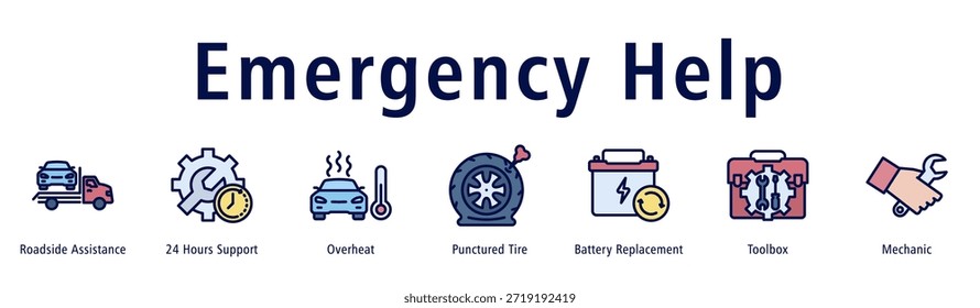 Nothilfe Web-Banner-Symbol Vektorgrafik mit Symbolen von Roadside Assistance, 24 Stunden Unterstützung, Überhitzung, durchbrochener Reifen, Batterieaustausch, Toolbox und Mechanik.