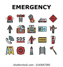 Emergency Helping In Accident Icons Set Vector. Policeman And Firefighter Urgency Help People, Bell Alarm And Ladder Equipment, First Aid Kit And Axe. Warning Sign Color Illustrations