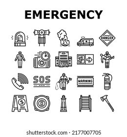 Ayuda De Emergencia En El Vector De Iconos De Accidentes. Los Policías Y Los Bomberos Ayudan A La Gente, Alarma De Campana Y Equipo De Escala, Kit De Primeros Auxilios Y Eca. Ilustraciones de contorno negro de signo de advertencia