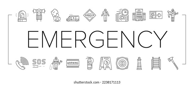 Emergency Helping In Accident Icons Set Vector. Policeman And Firefighter Urgency Help People, Bell Alarm And Ladder Equipment, First Aid Kit And Axe. Warning Sign Black Contour Illustrations