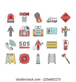 Emergency Helping In Accident Icons Set Vector. Policeman And Firefighter Urgency Help People, Bell Alarm And Ladder Equipment, First Aid Kit And Axe. Warning Sign Color Illustrations