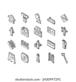 Emergency Helping In Accident isometric icons set. Policeman And Firefighter Urgency Help People, Bell Alarm And Ladder Equipment, First Aid Kit And Axe. Warning Sign Color