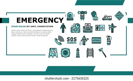 Emergencia Ayudando En El Aterrizaje De Accidentes Vector De Plantilla De Cabecera De Página Web. Los Policías Y Los Bomberos Ayudan A La Gente, Alarma De Campana Y Equipo De Escala, Kit De Primeros Auxilios Y Eca. Ilustración