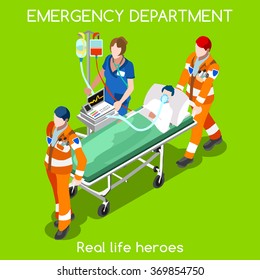 Emergency Hospital Department Ambulance Medical Rescue Team Service. Heart First Aid Infographic Patient Stretcher Clinic Nurse. Medicine Insurance Health Care 3D Isometric People Vector Illustration