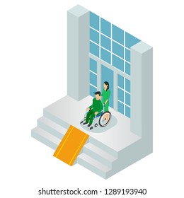 Emergency hospital entrance with ambulance and waiting room for isometric banner patients isolated vector illustration - Vector