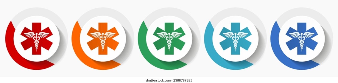 Emergencia, conjunto de iconos de vector hospitalario, diseño plano, iconos redondos coloridos en 5 opciones de color para diseño web y aplicaciones móviles