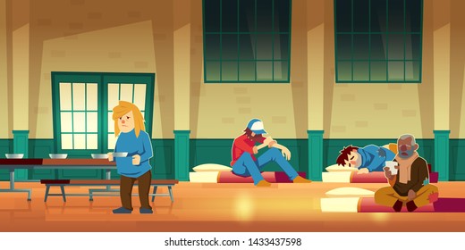 Emergency housing, night shelter or temporary residence for homeless people cartoon vector concept with poor men and woman lying on mattress on floor, eating and drinking warm food illustration