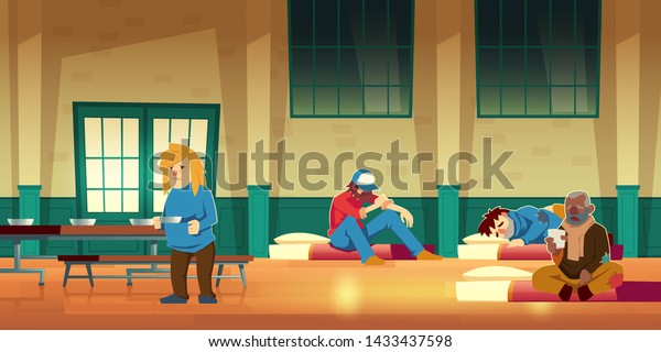 Emergency housing, night shelter or\
temporary residence for homeless people cartoon vector concept with\
poor men and woman lying on mattress on floor, eating and drinking\
warm food\
illustration