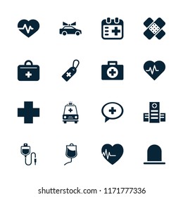 Emergency icon. collection of 16 emergency filled icons such as siren, heartbeat, hospital, medical cross tag, drop counter. editable emergency icons for web and mobile.